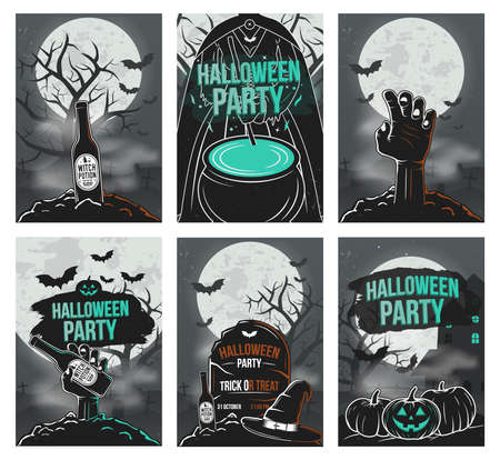 Vector set of Halloween party invitations, posters and flyers. Trendy vintage design. Vector illustrationのイラスト素材