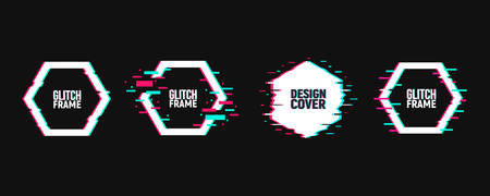 Vector set of hexagon frames in distorted glitch style. Geometric shape in distorted glitch style. Modern trendy backgrounds for design banner, poster, coverのイラスト素材