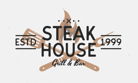 Steak House, Barbecue, Grill logo. Vintage Restaurant poster. Trendy retro logo design. Grill fork, Spatula and fire flame. Vector illustrationのイラスト素材