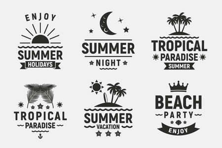 Summer holidays typography set. Vintage badges, labels, posters. Summer beach, vacation, travel, tropical paradise emblems. Vector apparel templateのイラスト素材