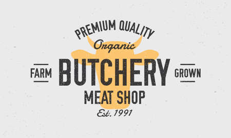 Butcher shop poster. Vintage meat shop  emblem. Trendy butcher shop  with grunge texture. Vintage poster with silhouette of cow head.のイラスト素材