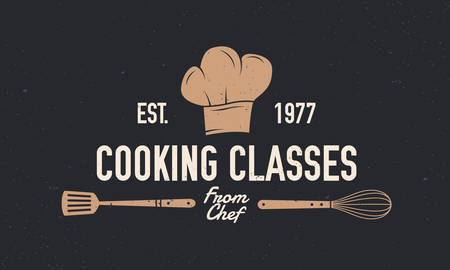 Chef vintage Cooking Class template logo with spatula and whisk. Kitchen and restaurant poster.のイラスト素材