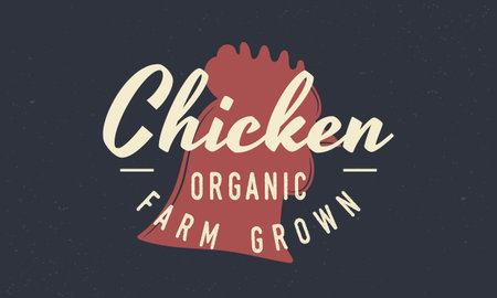 Chicken vintage poster. Hen head silhouette. Vintage poster for restaurant, barbecue, steak house, grill and bar. Vintage typography.のイラスト素材