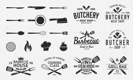 Collection of Butchery, Barbecue and Grill logos, emblems, labels, badges. Set of 8 logo templates and 13 design elements for logo design. Vector templatesのイラスト素材
