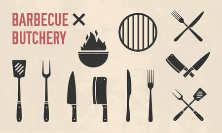 Barbecue and Butcher shop icons. BBQ tools isolated on background with grunge texture. Vector illustrationのイラスト素材