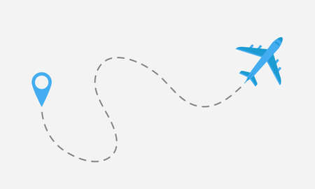 Plane flight from start point with dashed line. Travel, trip concept. Modern poster, banner template. Vector illustrationのイラスト素材