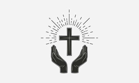 Vintage Christian logo. Hands with catholic cross and sunburst. Vector illustrationのイラスト素材