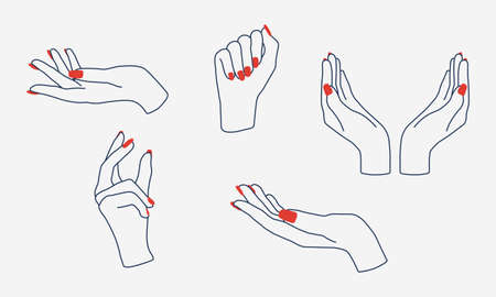 Set of girl, woman hands with manicure. Modern flat design elements for logo, banners, emblems, labels. Fashion business. Vector illustrationのイラスト素材