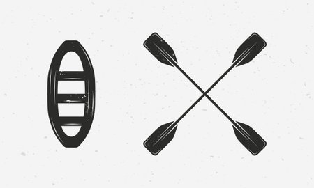 Raft and paddles silhouettes isolated on white background. Vector extreme water sport icons.