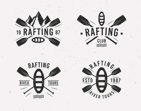 Rafting logo set with raft, crossed paddles and mountains silhouettes. Vintage typography. Vector illustrationのイラスト素材