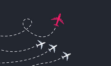 Red plane fly out from other planes. Unique direction. Think differently - business concept. Modern motivation poster, banner. Vector illustrationのイラスト素材