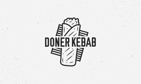 Doner Kebab logo template with sandwich kebab and grill. Kebab logo isolated on white background. Trendy vintage design. Vector illustrationのイラスト素材
