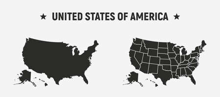 USA blank map and USA map with states. Set of 2 USA maps. Poster maps of USA. United States of America map vector template.のイラスト素材