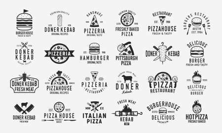Burger, Doner Kebab and Pizza logo set. Set of 24 vintage logo templates for Fast Food Restaurant. Pizza, Burger and Kebab silhouettes. Vintage typography. Vector food labels, emblems, posters.のイラスト素材