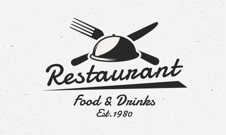 Restaurant, kitchen, cooking logo or poster. Restaurant vintage label template with knife, fork and service plate. Restaurant menu design. Vector illustratorのイラスト素材