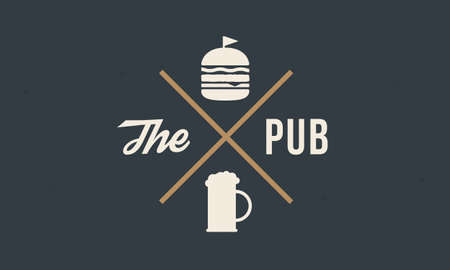 Vintage logo design for Pub, Bar. Label with Beer and burger silhouettes. Vintage hipster label with grunge texture. Vector illustrationのイラスト素材