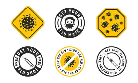 Vector Set of 6 Flu signs, stickers, badges and logos. Warning virus, stop the virus, flu shot, free vaccination, medical mask. Flu labels design isolated on white background.のイラスト素材