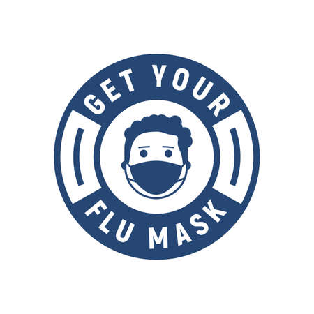 Flu, Medical or Health mask label. Get your flu mask sign. Modern minimal design. Young man with flu mask isolated on white background.のイラスト素材
