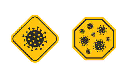 Warning signs, stickers with virus, bacteria icons isolated on white background. Stop the Flu stickers design. Modern minimal design. Vector illustrationのイラスト素材