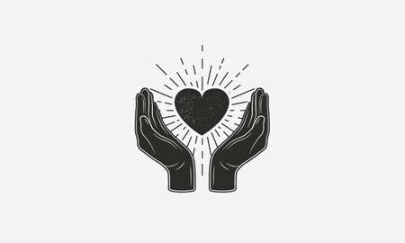 Vintage logo of love. Hands with heart and sunburst. Give love sign concept with grunge texture. Vector illustrationのイラスト素材