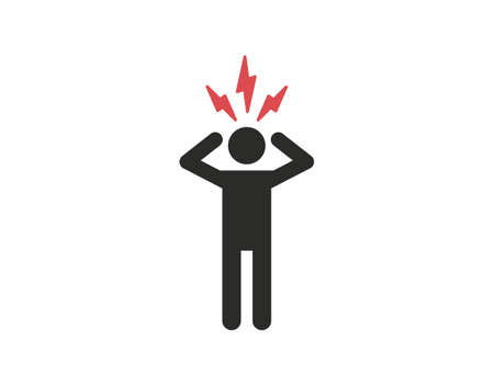Headache, stress, expression concept. Man holding his head with thunderbolts over head. Vector illustrationのイラスト素材