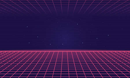 Trendy Retro 80s, 90s background with laser grid. Neon sci-fi abstract background template. Vector illustrationのイラスト素材