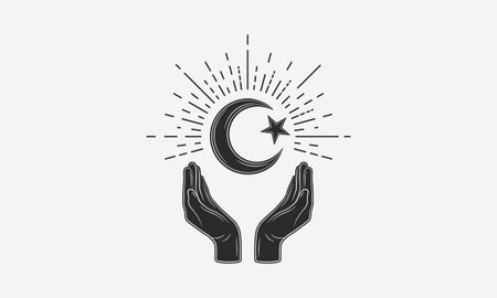 Vintage Islam logo. Hands with muslim moon and sunburst. Muslim prayer concept. Vector illustrationのイラスト素材