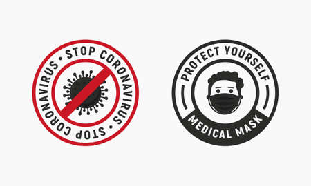 Coronavirus outbreak . Novel coronavirus (COVID-19). Stop Coronavirus and Medical Mask labels isolated on white background.  Vector illustrationのイラスト素材