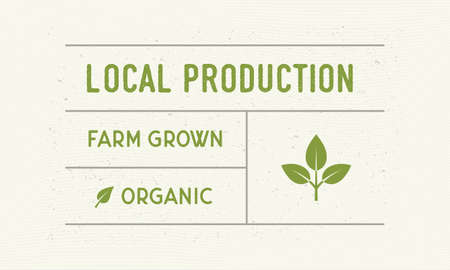 Local Production vintage label. Old label with leaf icons. Vintage sticker template for Organic food, natural and eco products. Vector illustrationのイラスト素材