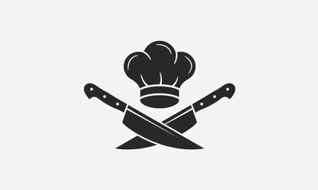 Chef with chef's hat and knives icons. Cooking vintage . Cooking Classes template . Label, badge for food studio, cooking courses, culinary school. Vector illustrationのイラスト素材