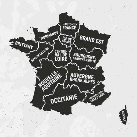 France map with states. Poster map of France with state names. Vintage French background. Vector illustrationのイラスト素材