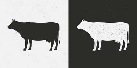 Beef, Cow icons isolated on white and black backgrounds. Cow silhouette with grunge texture. Vintage farm icon. Beef template for meat store, grocery, butcher shop. Vector illustrationのイラスト素材