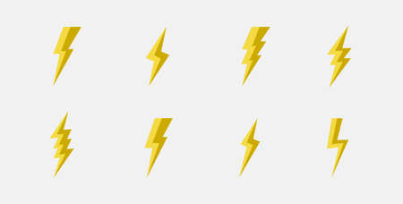 Set of 8 thunderbolts icons. Lightning icons isolated on white background. Vector illustrationのイラスト素材