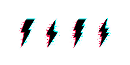 Vector set of lightnings with glitch effect. Thunderbolt icons in distorted glitch style.