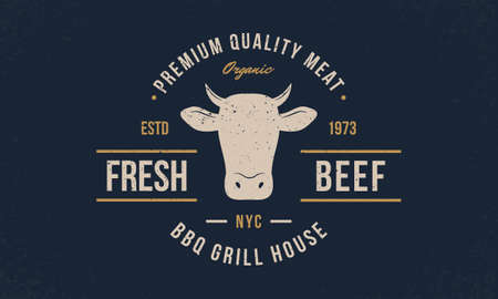 Fresh Beef trendy emblem, poster with Cow Head. Vintage typography. Graphic emblem template for barbecue, steak house, restaurant, butchery and meat shop. Vector illustrationのイラスト素材
