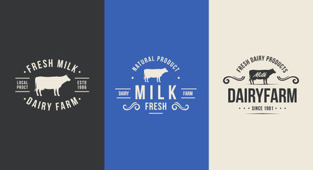 Cow Milk logo set. Dairy farm products logo, label template with cow silhouette. Trendy vintage emblems. Logo, Poster for grocery store, butchery, restaurant Vector illustrationのイラスト素材