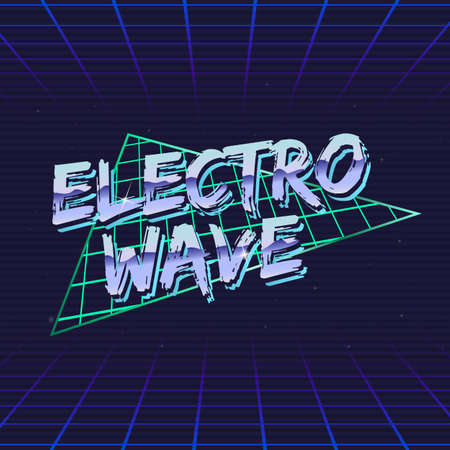Electro Wave retro futuristic logo. Electro music logo design. 80's style label with abstract triangle shape and laser grid on background. Vector Print for T-shirt, typography.のイラスト素材