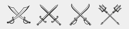 Swords, Blades vintage icon set. Pirate Sabers, Medieval Knight Swords, Tridents. Medieval weapons set isolated on white background. Vector illustrationのイラスト素材