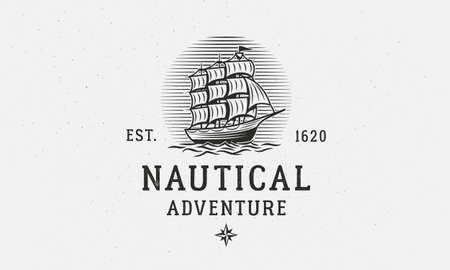 Marine, Nautical logo template. Old vintage Ship, sailboat logo. Print for t-shirt, typography. Old Ship emblem. Vector illustrationのイラスト素材