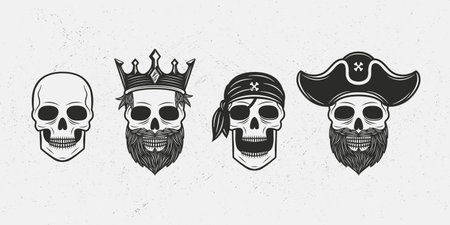 Collection of 4 skull characters isolated on white background. Skeleton king, pirate captain and corsair. Elements for logo, emblem, label, poster design. Vector illustrationのイラスト素材