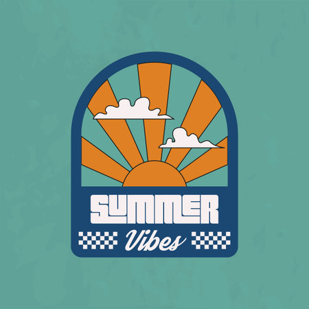 Summer Vibes. 1970's Retro logo. Trendy hipster design. Summer beach, vacation, travel emblem. Vector Print for T-shirt, typography.のイラスト素材