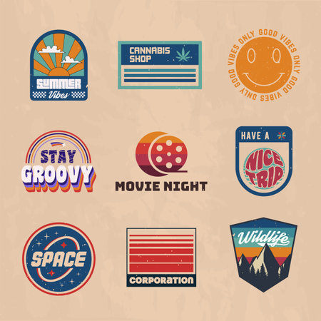 Groovy icon set. 1960s, 1970s Retro icon designs. 9 Vector retro 70's icon set. Retro prints for T-shirt, typography. Vector illustrationのイラスト素材