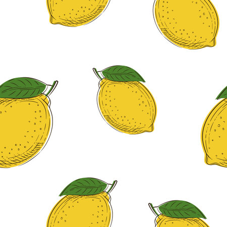 Lemon seamless pattern. Cute hand drawn lemons isolated on white background. Vector illustrationのイラスト素材