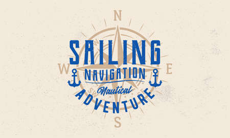 Nautical compass vintage poster. Template Label with compass silhouette. Hipster vintage design with craft grunge texture. Old retro print, typography. Vector illustrationのイラスト素材