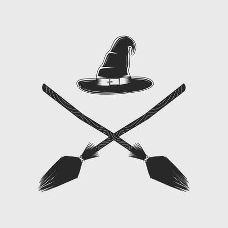 Vintage Witchcraft logo. Witch hat with crossed witches brooms isolated on white background. Vector illustrationのイラスト素材