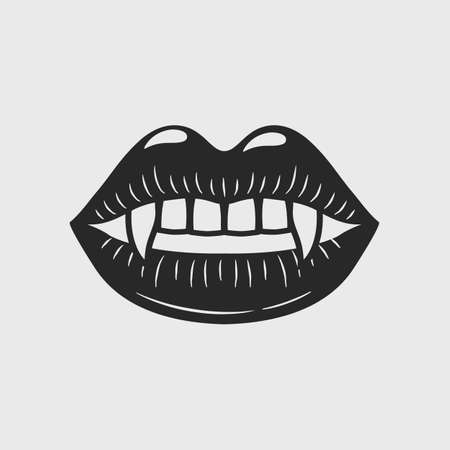 Vintage Vampire logo. Women lips with vampire teeth isolated on white background. Vector illustrationのイラスト素材