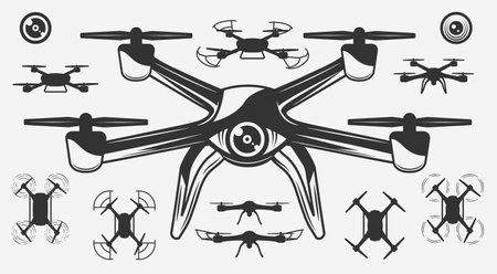 Set of Drone's silhouettes and icons. Vintage drone design. 10 drones and 2 lens icons isolated on white background. Vector illustrationのイラスト素材