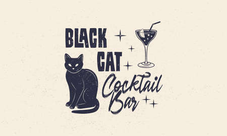 Halloween vintage label, logo. Cocktail bar emblem with grunge texture. Black cat and Cocktail vintage icons. Hipster design. Print for T-shirt. Vector illustrationのイラスト素材