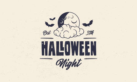 Halloween vintage label, logo. Halloween night emblem with grunge texture. Full Moon with clouds and bat. Hipster design. Print for T-shirt. Vector illustrationのイラスト素材