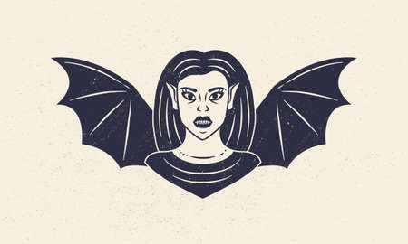 Female Vampire. Cute Vampire girl with wings. Vampire vintage icon. Design element for logo, emblem, label, poster. Vector illustrationのイラスト素材